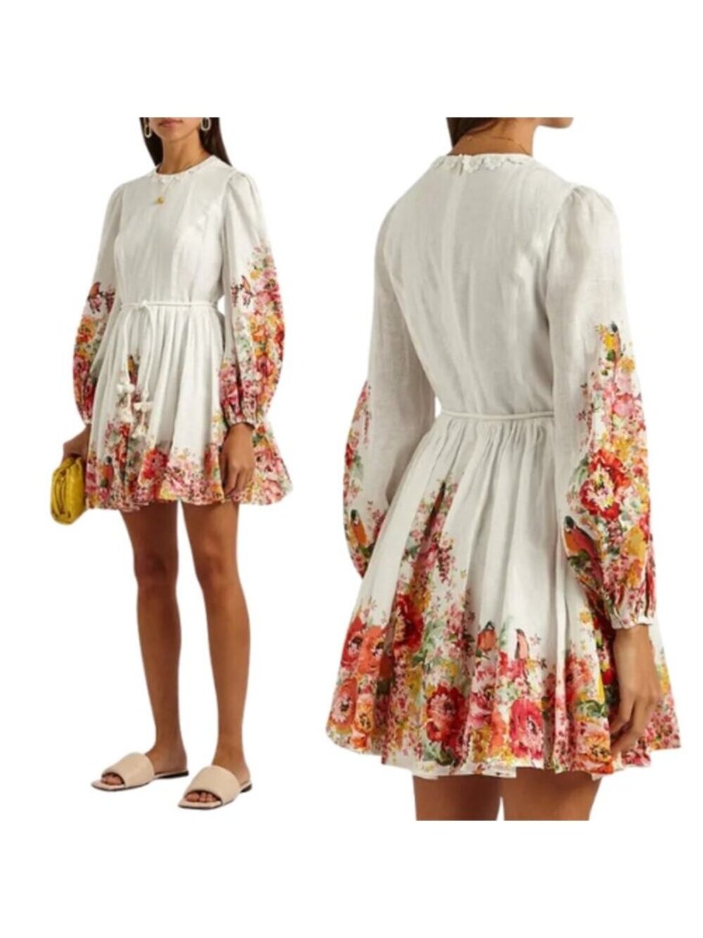 NWT Zimmermann Mae Belted Floral Print Linen Voile Mini Dress White Size: 10